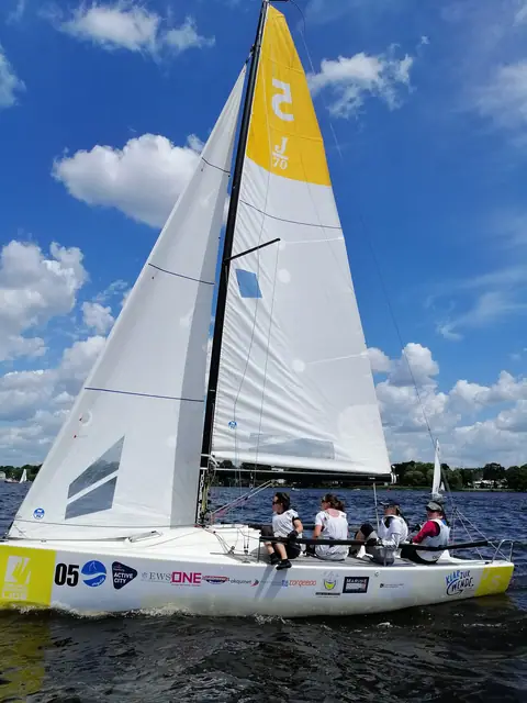 J/70 sailing upwind with a crew of five