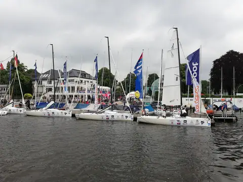 J/70 keelboats moored at a club dock in Hamburg
