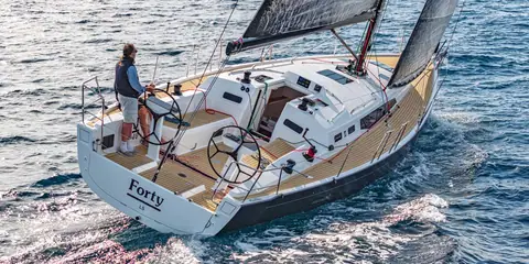 J/40 cockpit with twin wheels and teak seats seen from above while sailing upwind
