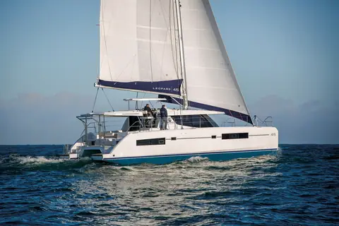 Leopard 45 catamaran sailing on its first sea trial under full main and jib