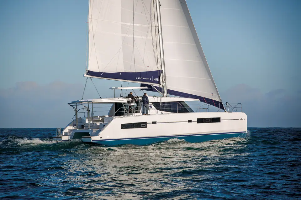 Leopard 45 catamaran sailing on its first sea trial under full main and jib