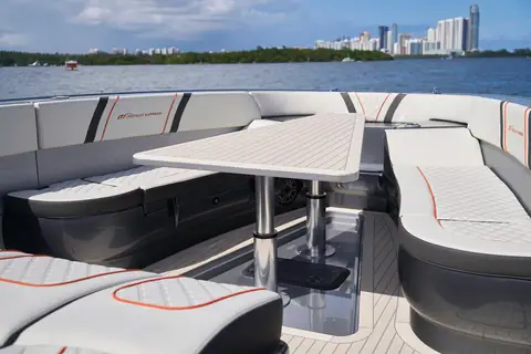 Midnight Express 43 Open bow lounge with a pedestal table