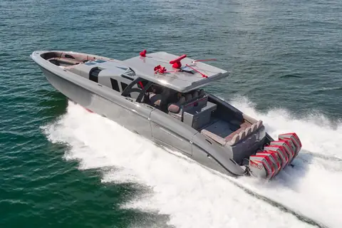 Midnight Express 52 Vitesse seen from above, showing the hardtop, cockpit and bow seating
