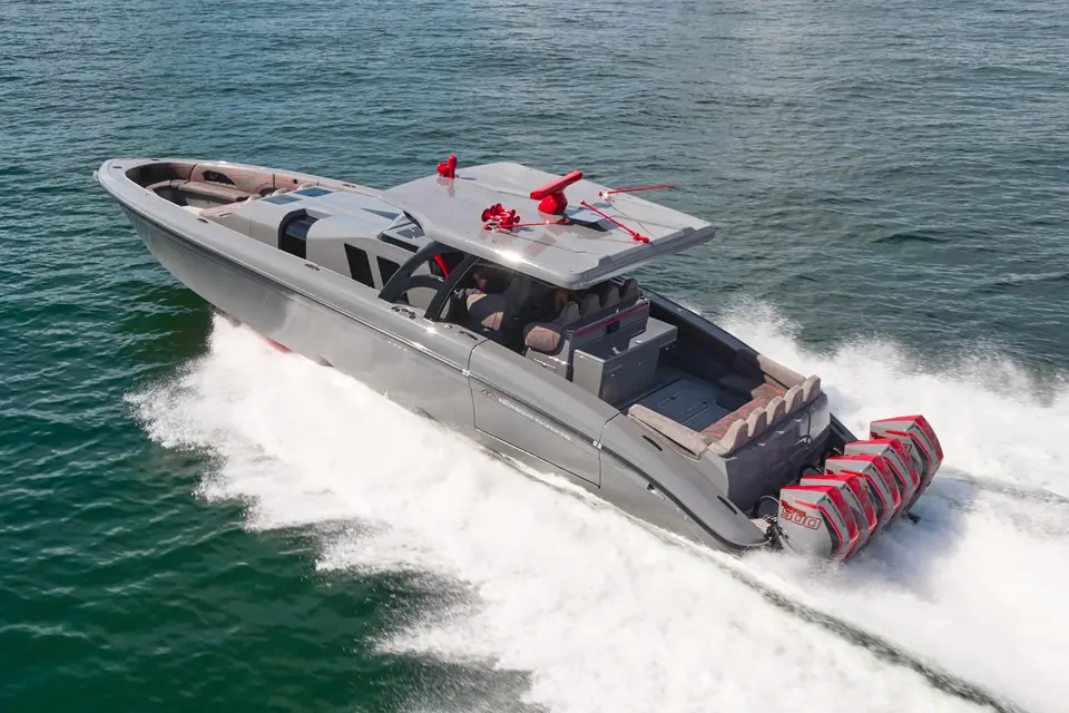 Midnight Express 52 Vitesse seen from above, showing the hardtop, cockpit and bow seating