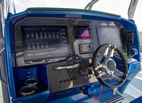 Nor Tech 340 Sport helm with a carbon dash, twin displays and a sport wheel