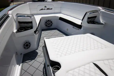 Nor Tech 390 Sport bow seating with a forward console lounge