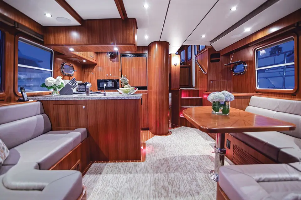 Nordhavn 43 salon looking forward to the galley and pilothouse steps
