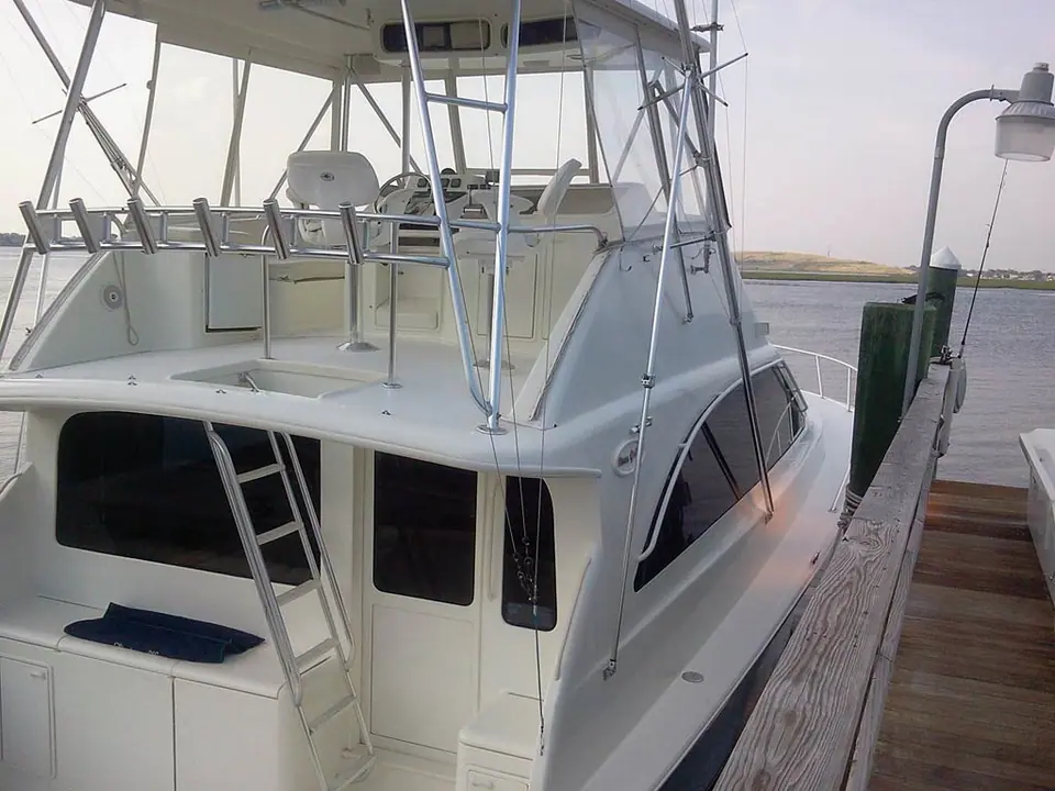 Ocean 48 Super Sport seen from the dock showing the cockpit, bridge ladder and tower
