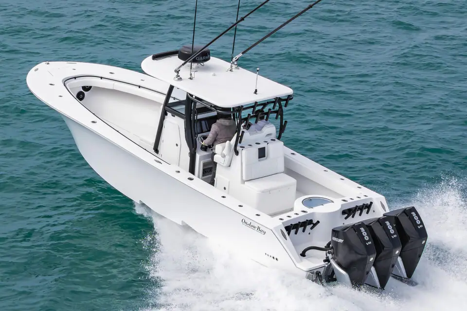 Onslow Bay 33 Tournament Edition from above with triple outboards at speed