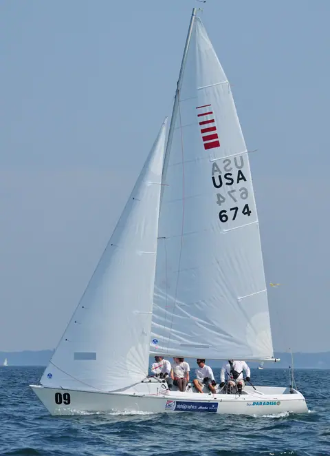 Sonar keelboat sailing upwind with sail number USA 674 and crew on the windward side