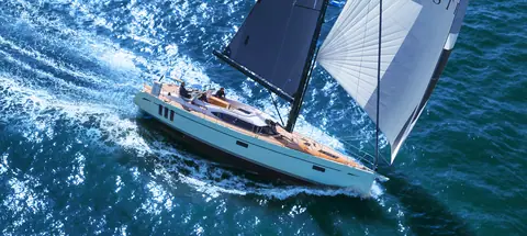 Oyster 495 seen from above sailing fast under main and a white headsail