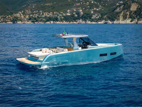 Pardo 43 from above the bow quarter showing the hardtop, cockpit and aft sunpad