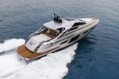 Pershing 7X from above the stern quarter showing the teak cockpit at speed