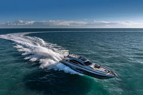 Pershing 8X seen from above the bow quarter carving a turn at speed