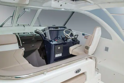Pursuit OS 385 Offshore bridge deck with the helm, companion seating and hardtop windshield