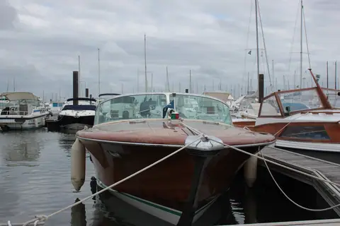 Bow view of a Riva Aquarama tied up in Arcachon