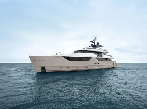 Sanlorenzo SD118 seen from the bow quarter showing its vertical stem and three decks
