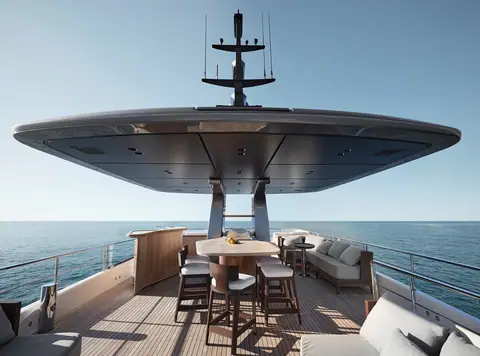 Sanlorenzo SD118 sun deck with dining table under the hardtop and radar mast