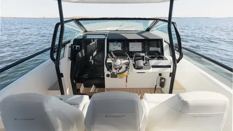 Saxdor 320 GTO helm with twin displays and three bolster seats behind the windscreen