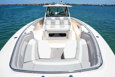 Bow lounge of the Scout 530 LXF looking aft toward the windshield and hardtop