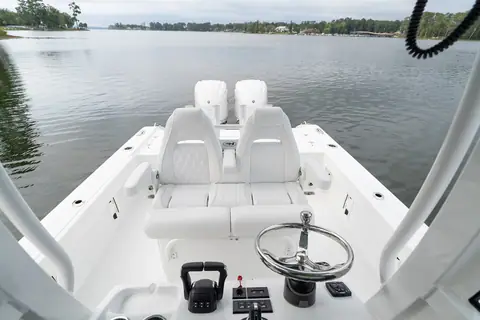 Helm and leaning post of the Sea Hunt BX28 looking aft