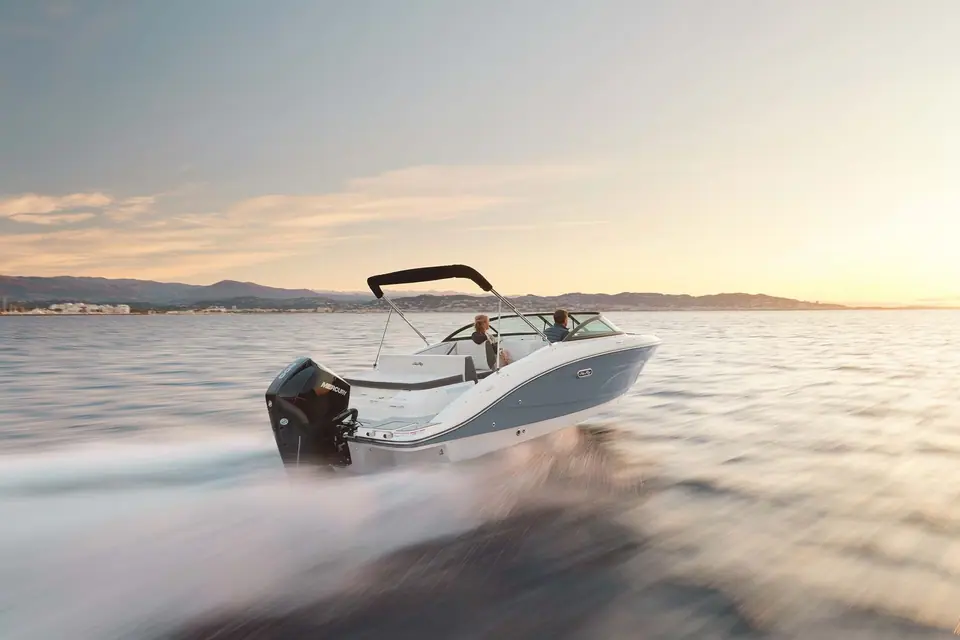 Sea Ray SPX 210 Outboard from the stern quarter with its Mercury outboard and tower