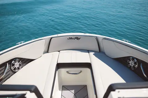 Bow seating of the Sea Ray SPX 210 Outboard with built in speakers