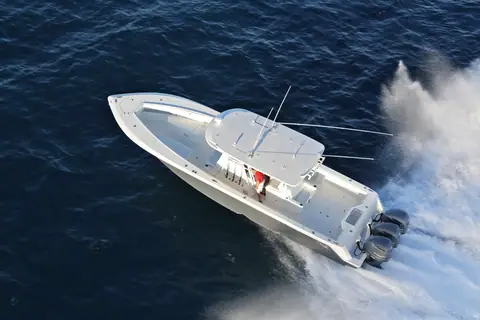 SeaVee 390Z seen from above while running, showing the long foredeck and hardtop