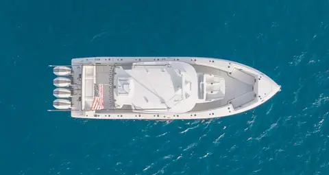 Solace 42CS seen straight down from above showing the hardtop, bow seating and cockpit
