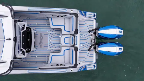 Sunsation 32 CCX cockpit and aft lounge seen from above with twin blue outboards