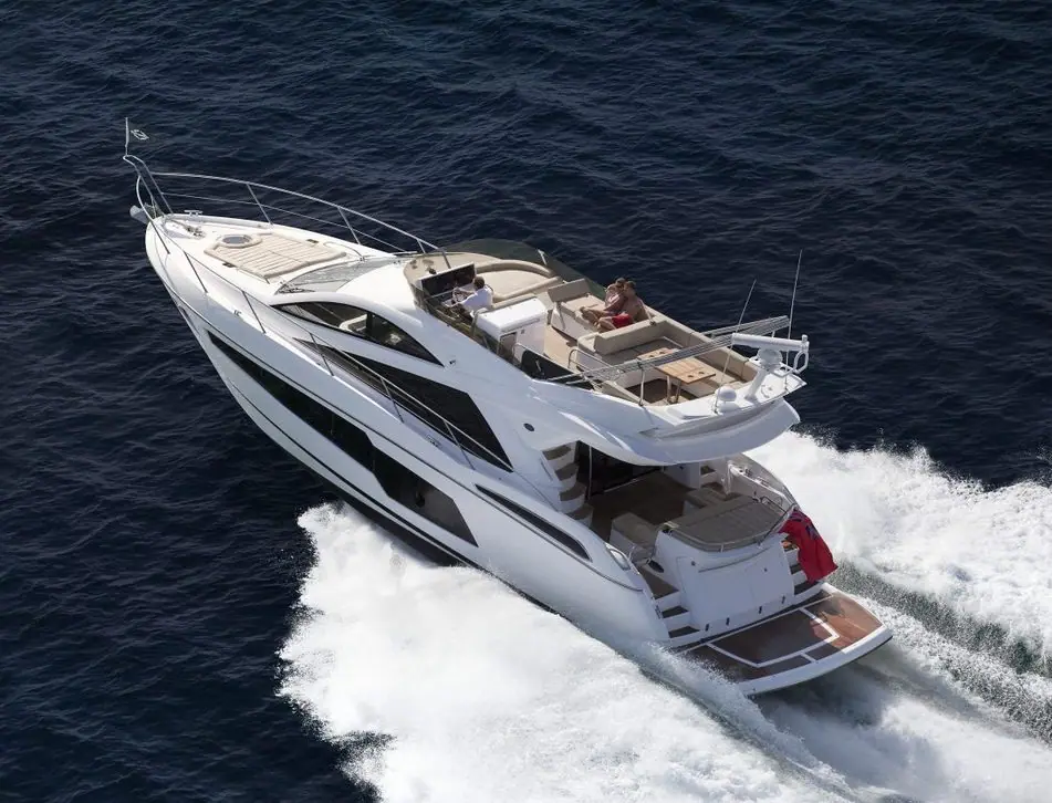 First generation Sunseeker Manhattan 55 seen from above at speed, showing the flybridge and cockpit