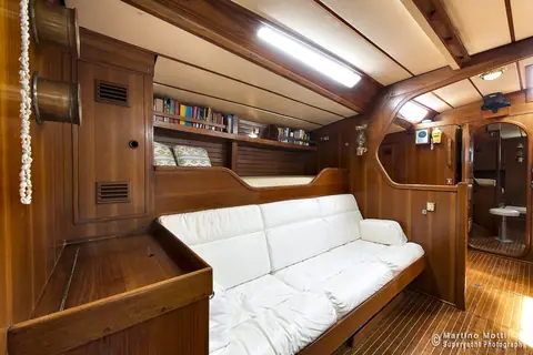 White leather settee in the saloon of a Swan 65
