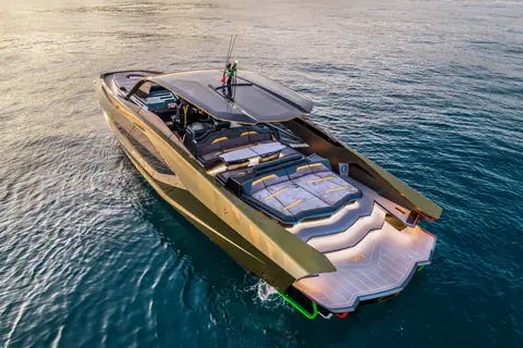 Aerial view of the Tecnomar for Lamborghini 63 cockpit, sun pads, hardtop and stepped swim platform