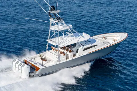 Valhalla V55 seen from above at speed with quad Mercury outboards, tower and outriggers