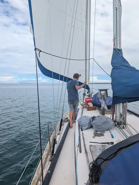 Crew member at the rigging of a Valiant 40 near Fiji