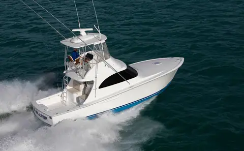 Viking 38 Billfish seen from above at speed, showing the cockpit, flybridge and hardtop