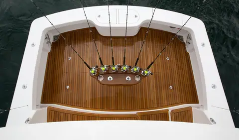 Overhead view of the Viking 48 Convertible teak cockpit with a rocket launcher and mezzanine