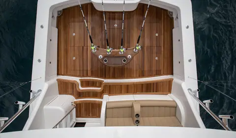 Overhead view of the Viking 55 Convertible teak cockpit with mezzanine seating and rocket launcher