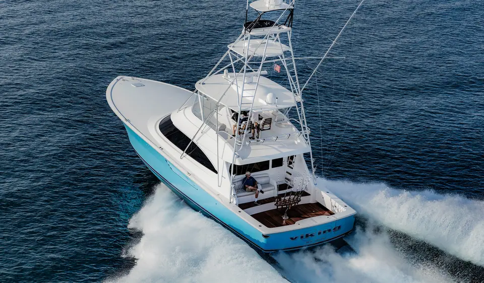 Viking 58 Convertible seen from astern and above, showing the teak cockpit and flybridge