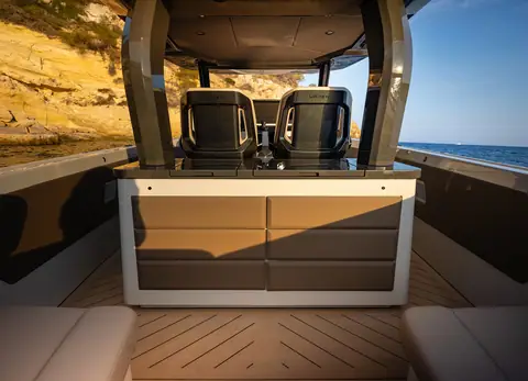 Wajer 38 S center console with fridge and sink unit, twin helm seats and teak deck